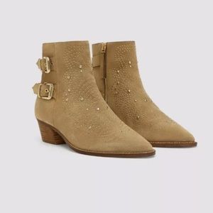 Sz 40 Real Suede Gold Studded Booties Boots Low Heel Camel Tan Brown